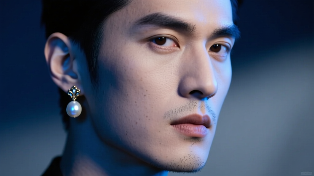 Close-up of a male model wearing a single baroque pearl drop earring on one earlobe, moody blue lighting, sharp cinematic focus