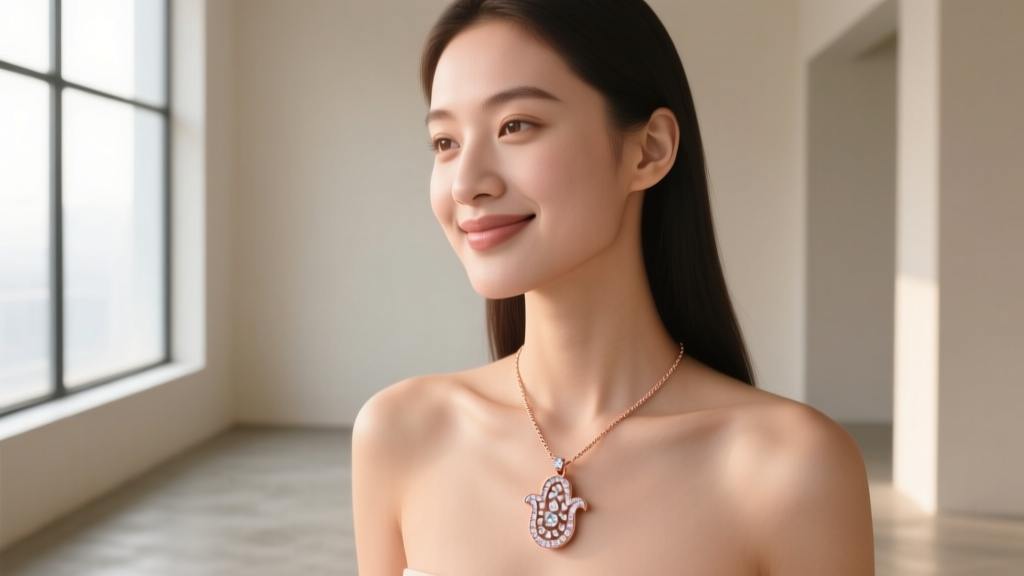 Young woman wearing a delicate rose gold diamond hamsa pendant on a thin cable chain, smiling softly in natural window light.