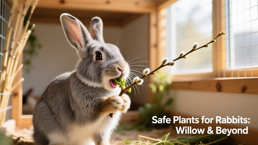 A gray rabbit happily chewing on a fresh willow branch in a sunlit indoor enclosure