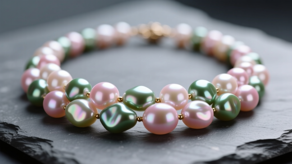 Close-up of a baroque pearl necklace on slate, showing pink and green overtones on an asymmetrical surface in soft light.
