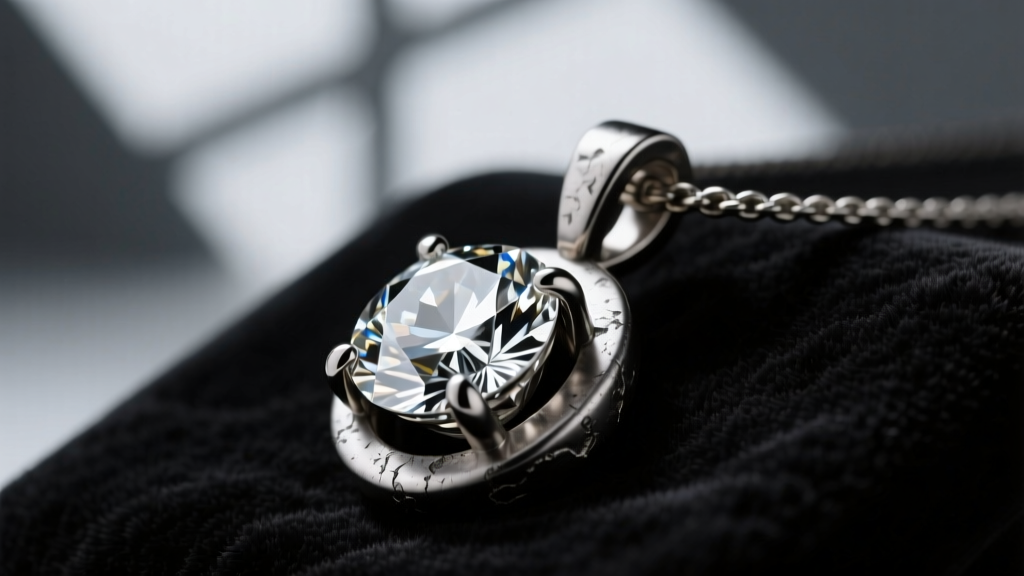 Side profile of a tension-set diamond in an oxidized titanium Keith Jack pendant, lit by a single directional studio light source