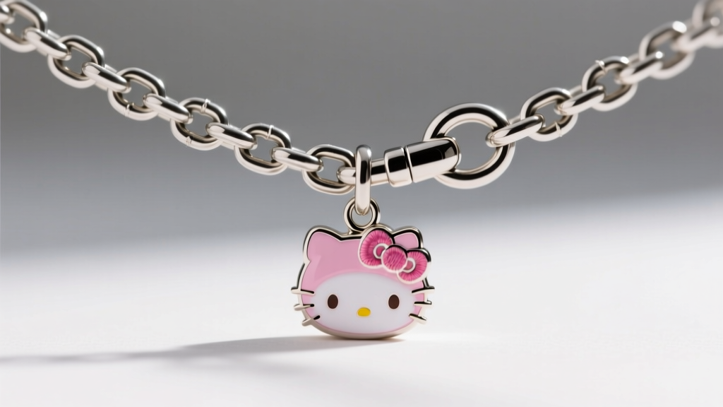 Close-up of a 1.2mm stainless steel rolo chain with a secure lobster clasp, attached to a small, licensed Sanrio charm.