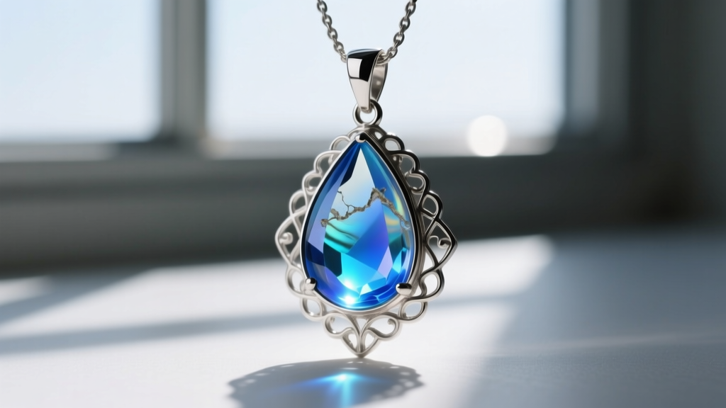 Close-up of a sterling silver pendant holding a teardrop fragment of iridescent Roman glass glowing with vibrant blue hues.