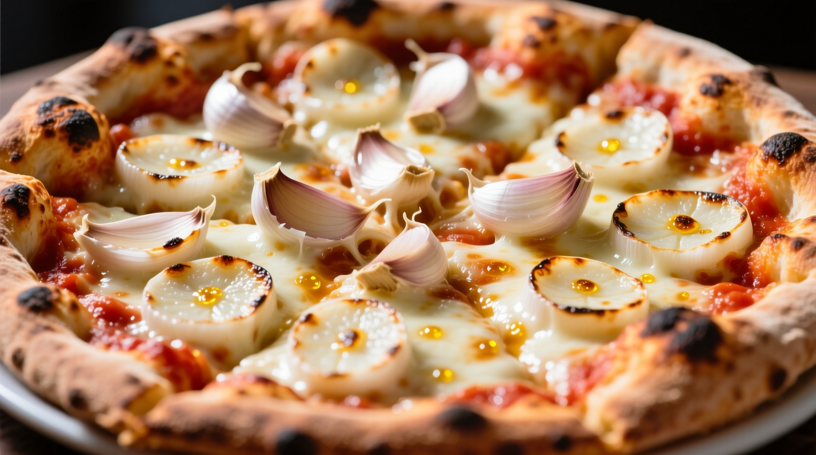 Fresh garlic slices on New York style pizza crust