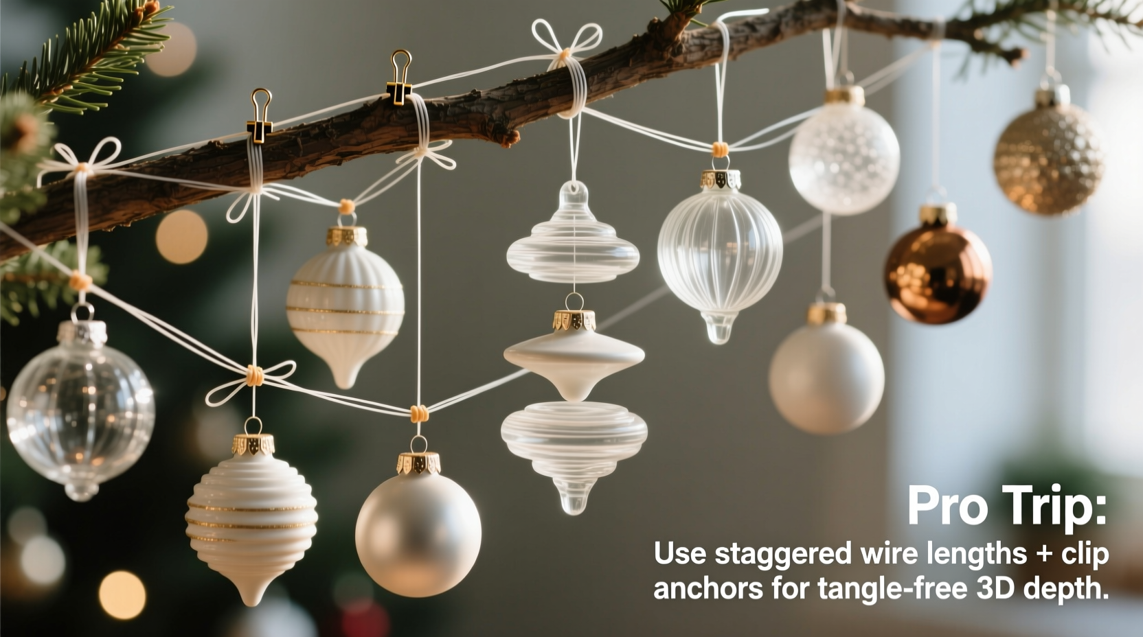 how to hang ornaments at varying depths for 3d effect without tangling wires