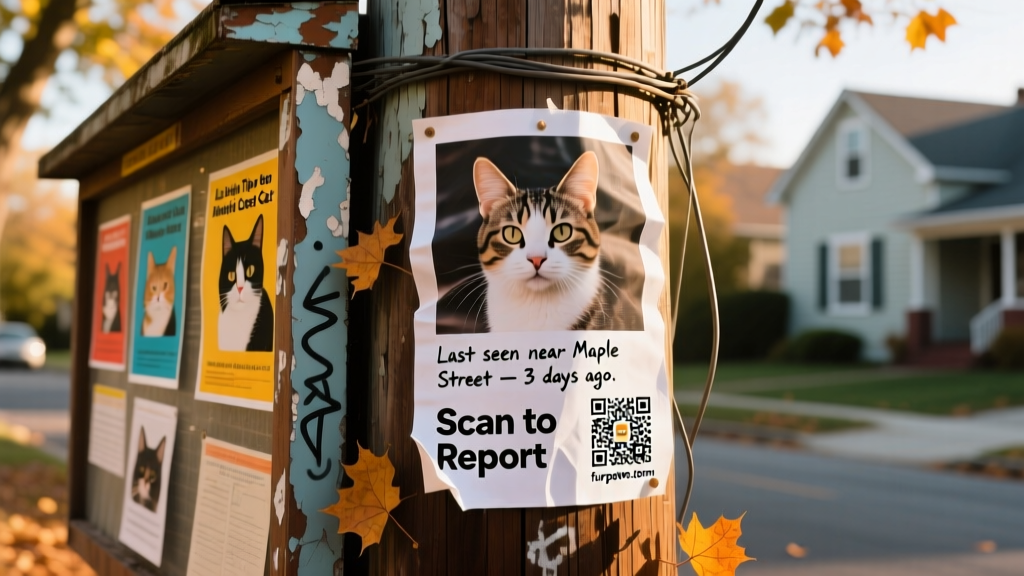 Colorful lost-cat posters taped to a neighborhood bulletin board and utility pole, with a QR code linking to furpetvo.com's missing-pet alert page