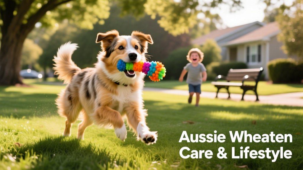A happy Aussie Wheaten playing fetch in a sunlit park with a colorful toy