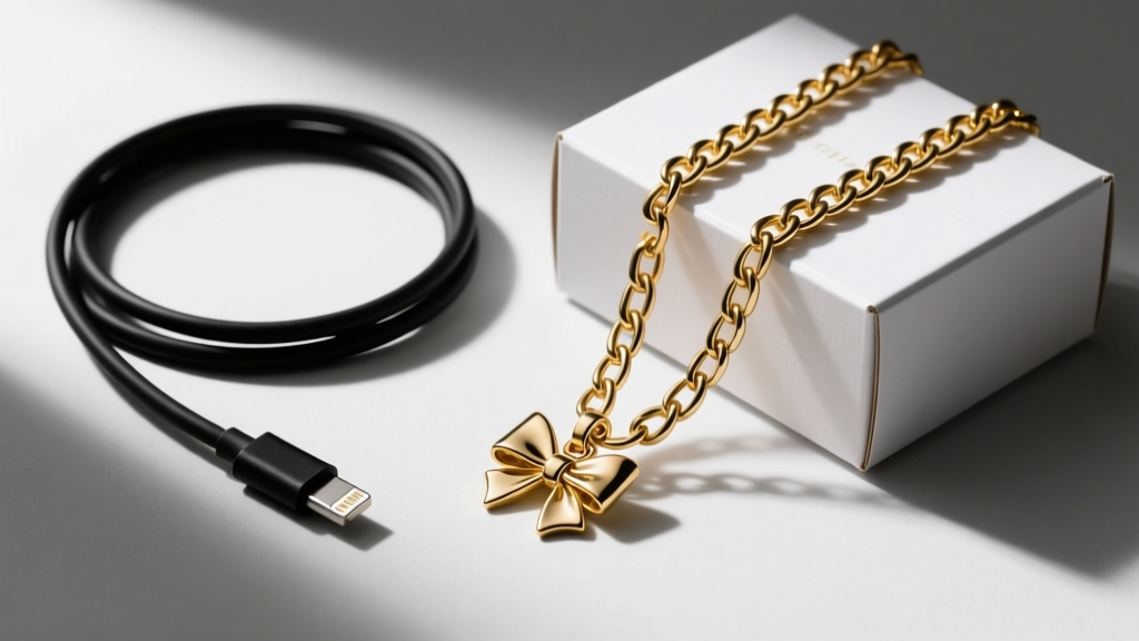 Flat lay of cable, box, and rolo gold chains next to a bow pendant, showing exactly how the links interact with the pendant bail
