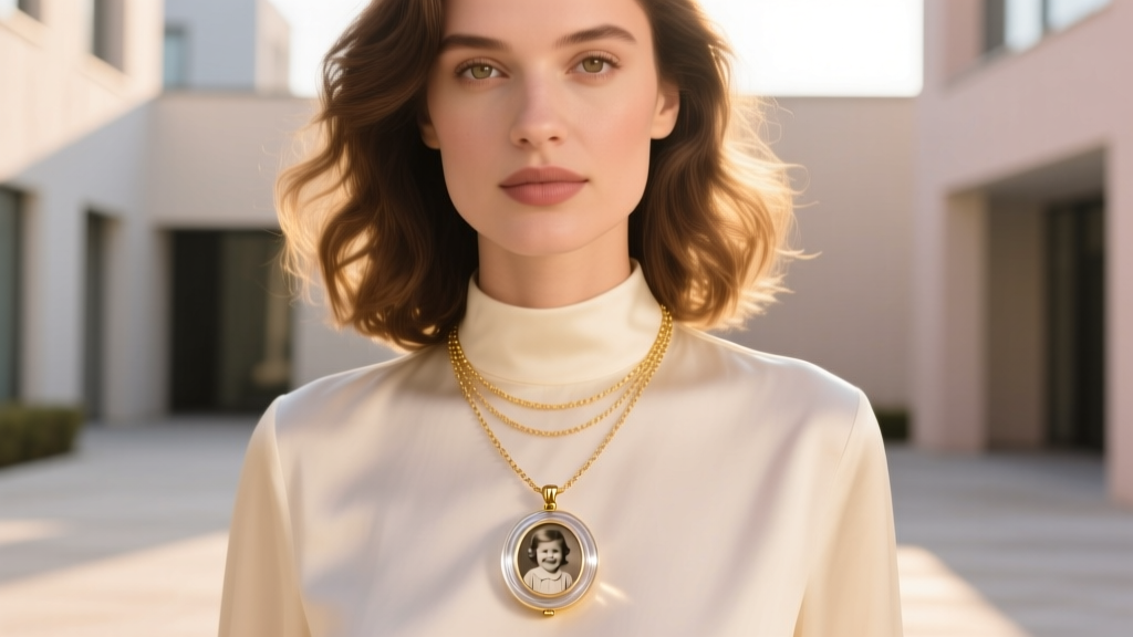 Woman wearing a layered stack featuring a 20mm glass locket pendant with a photo insert, paired with a delicate gold chain