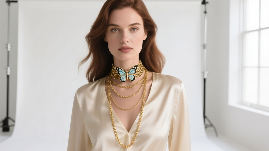 A woman wearing a layered vintage Avon butterfly choker and a long gold chain over a cream-colored silk blouse in a bright studio.