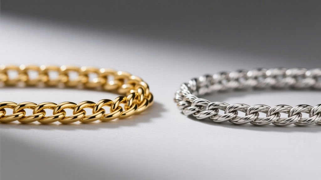 Extreme close-up comparing a smooth 2mm gold curb chain next to a textured 2mm sterling silver rope chain under studio lighting.
