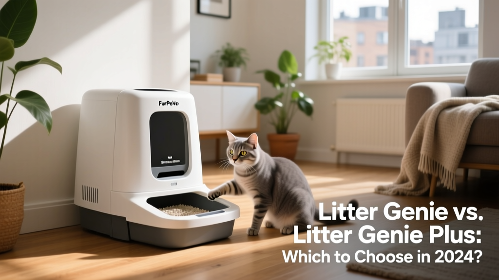 FurPetVo Litter Genie Plus installed next to a standard litter box with a cat nearby