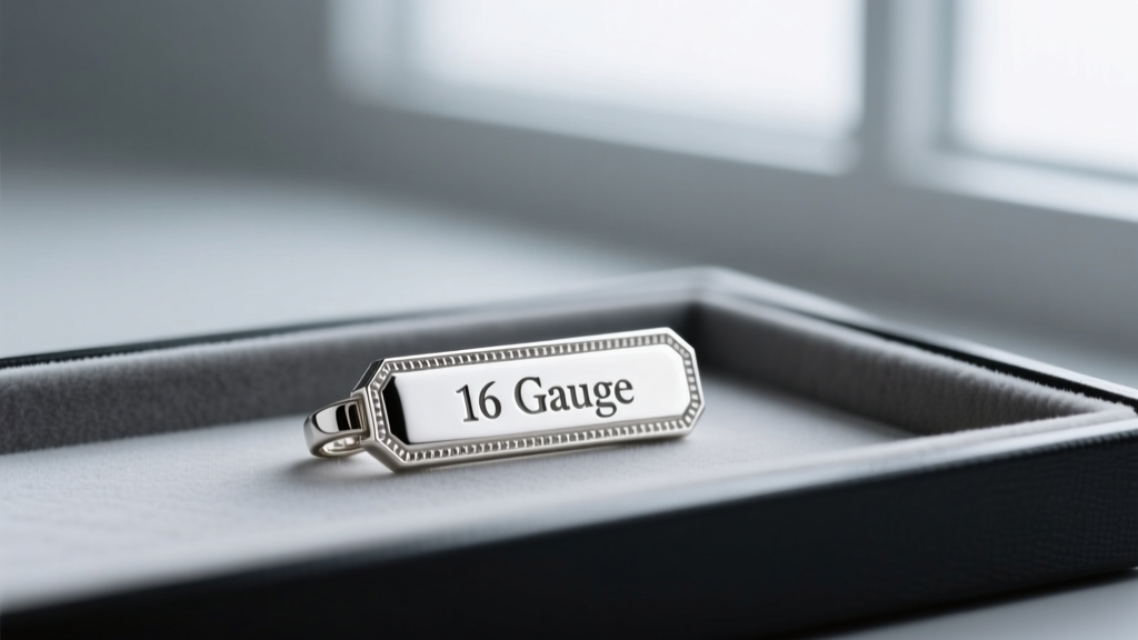 Side profile of a 16-gauge sterling silver name pendant showing thickness, resting on a jeweler's bench next to digital calipers.
