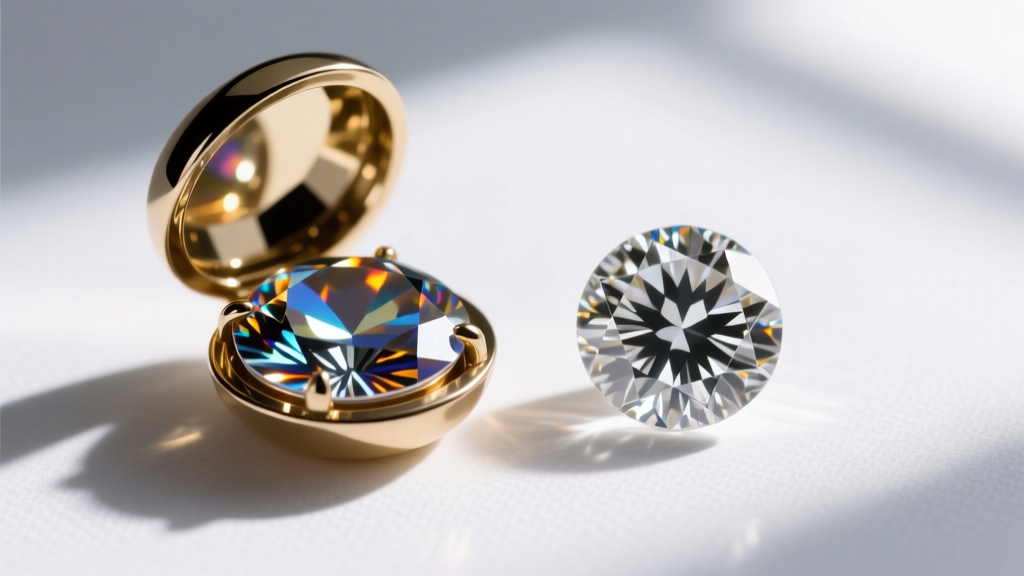 Macro photography comparing a foiled glass paste gemstone in a closed-back setting next to a sparkling old mine cut diamond