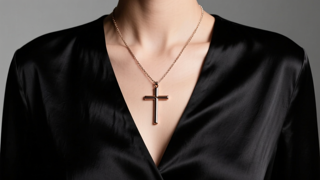 Thread-through lariat cross necklace with a 2.5-inch drop resting on a black V-neck silk blouse under soft studio lighting.