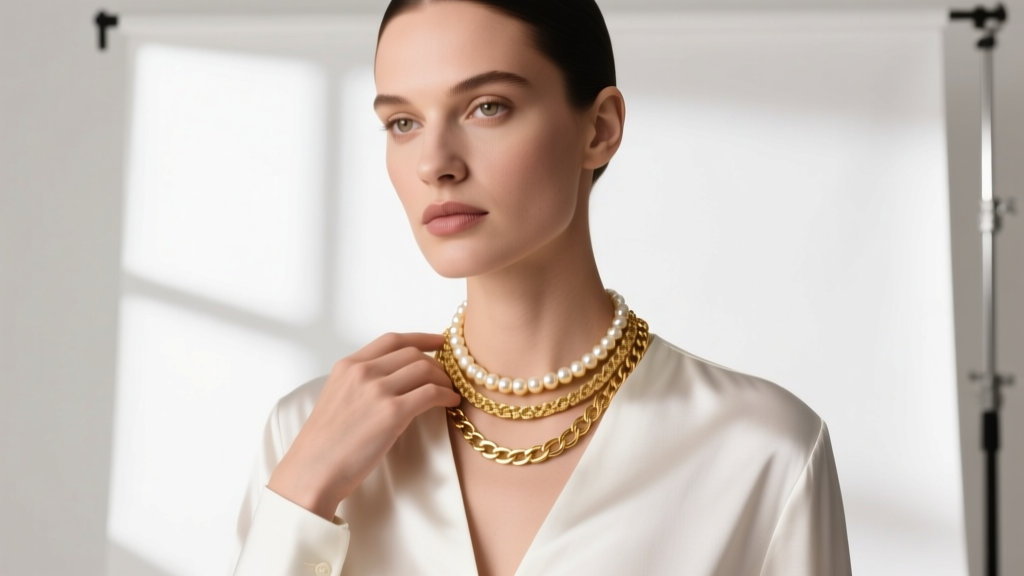 Model wearing a vintage Givenchy gold-tone pearl choker layered with a modern 18k gold chain against a crisp white silk blouse.