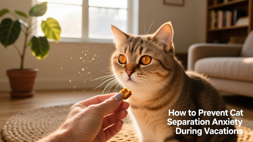 A gentle, confident cat making soft eye contact with a human hand offering a treat, showing trust and calm engagement