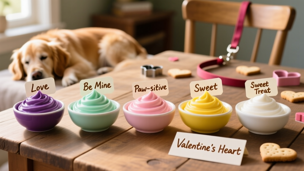 A neatly arranged set of colorful frostings in five small bowls: purple, green, pink, yellow, and white