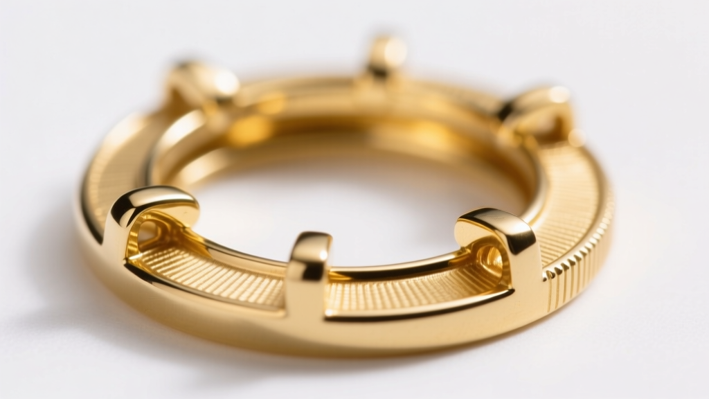 Macro shot of a 14k yellow gold snap-in coin bezel mount with tension prongs, isolated on a white background with soft lighting.