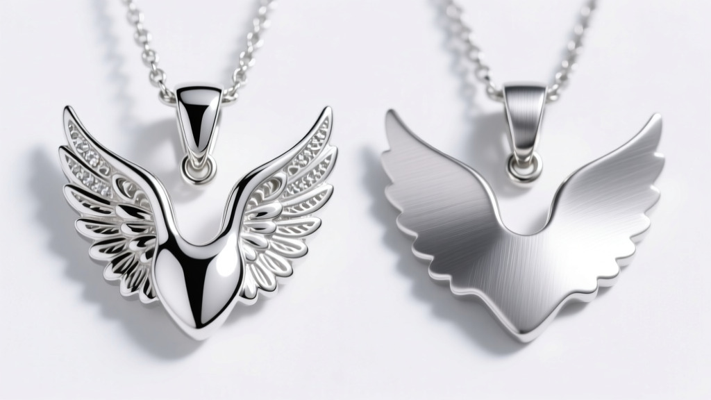 Side-by-side view of a rhodium-plated silver angel wings pendant and a 316L stainless steel version under bright studio lighting.
