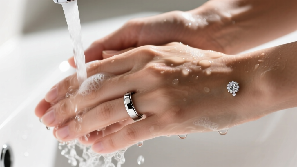 Close-up of hands washing with soap, revealing a seamless 316L stainless steel wedding band and waterproof bezel-set stud earrings