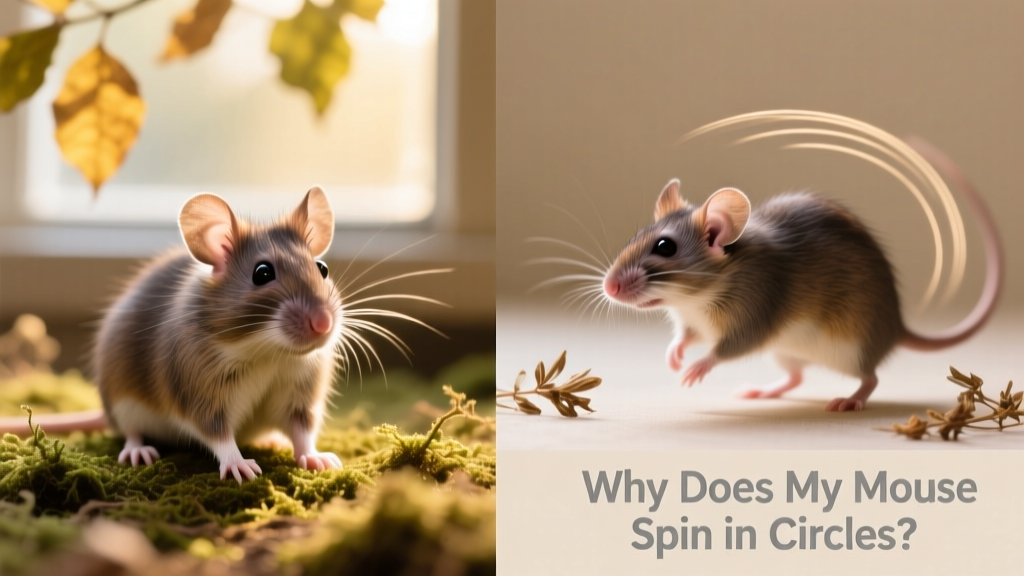 Side-by-side comparison: healthy mouse posture versus mouse exhibiting head tilt and uncontrolled circling