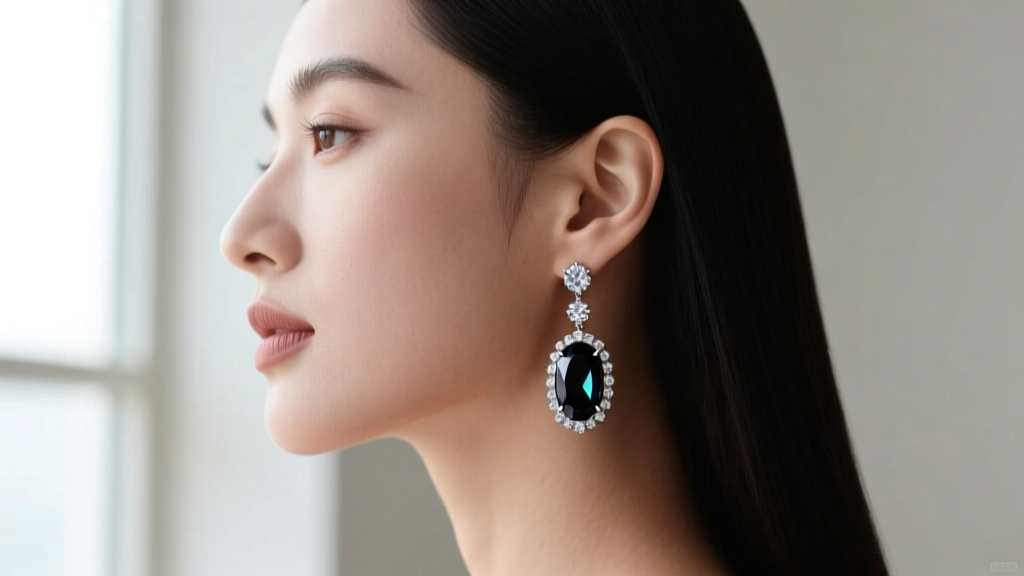 Woman wearing long black tourmaline and diamond dangle earrings, showing side profile and how dark stones catch ambient light