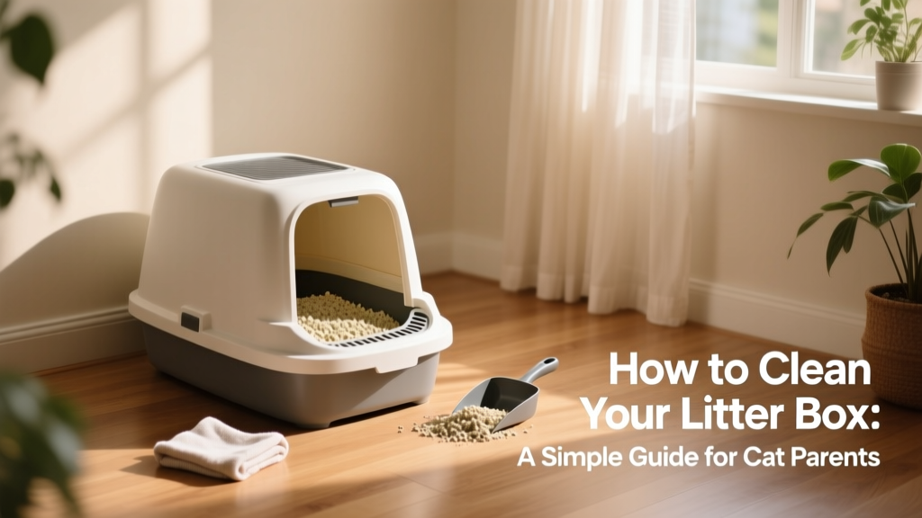 A clean, modern litter box with fresh clumping litter in a well-lit home setting