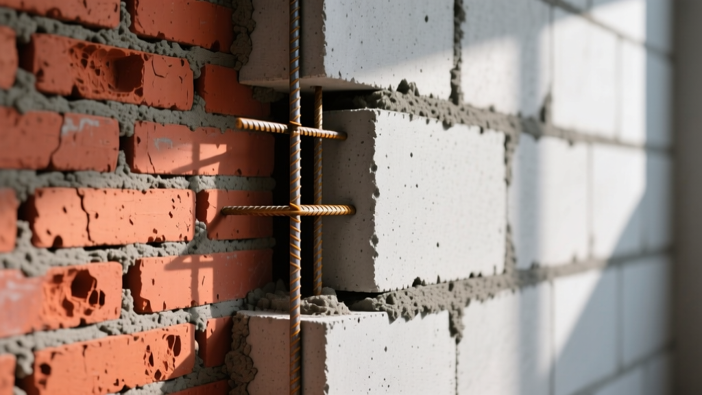 Cross-section of a red clay brick wall next to a gray concrete masonry block wall showing mortar joints, rebar, and grout.