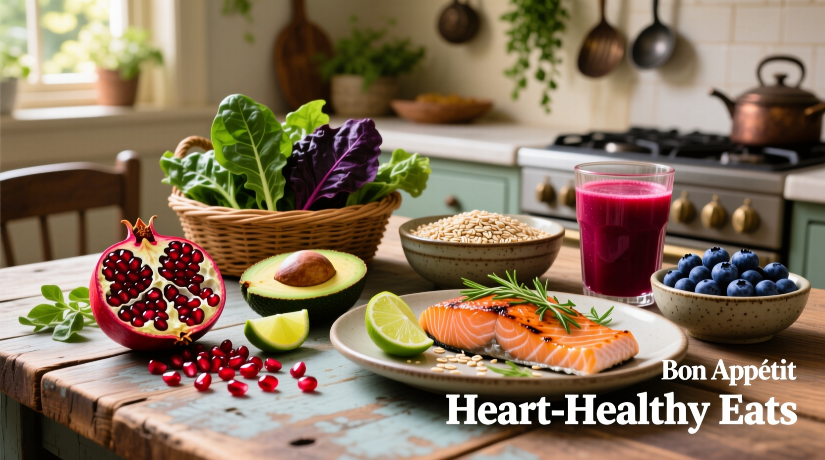 Colorful heart-healthy foods arranged on wooden table