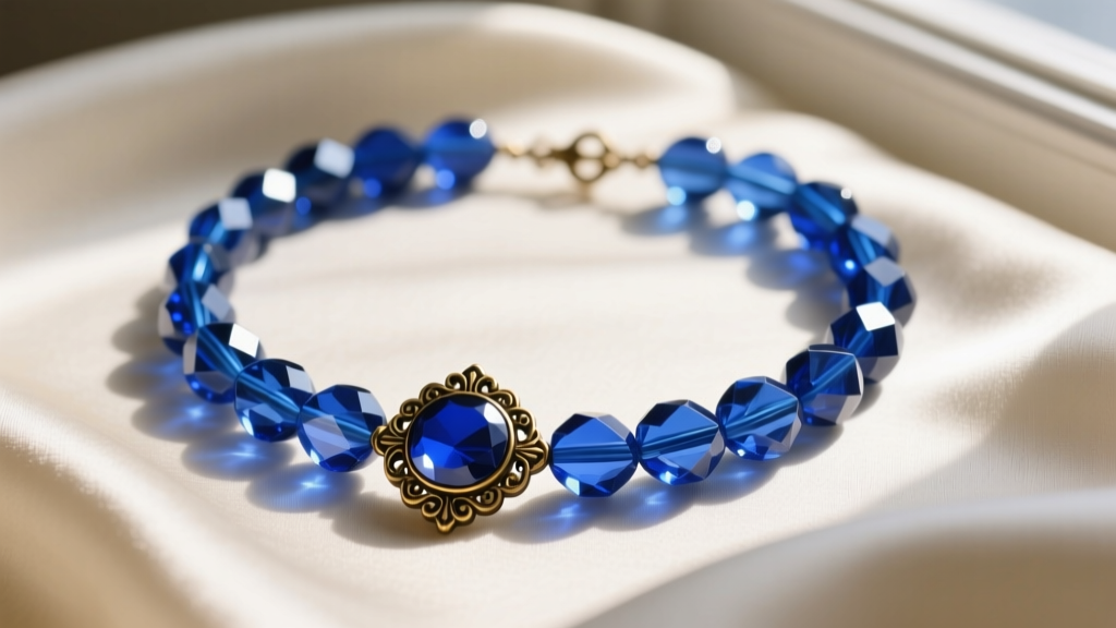 Close-up of a vintage blue glass bead necklace on cream silk, highlighting faceted cobalt beads and an antique brass clasp.