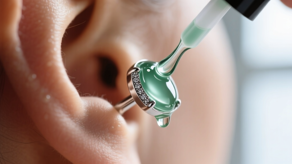 Macro shot of a jewelry post being coated with clear nail polish to prevent nickel allergies and green skin oxidation on earlobes