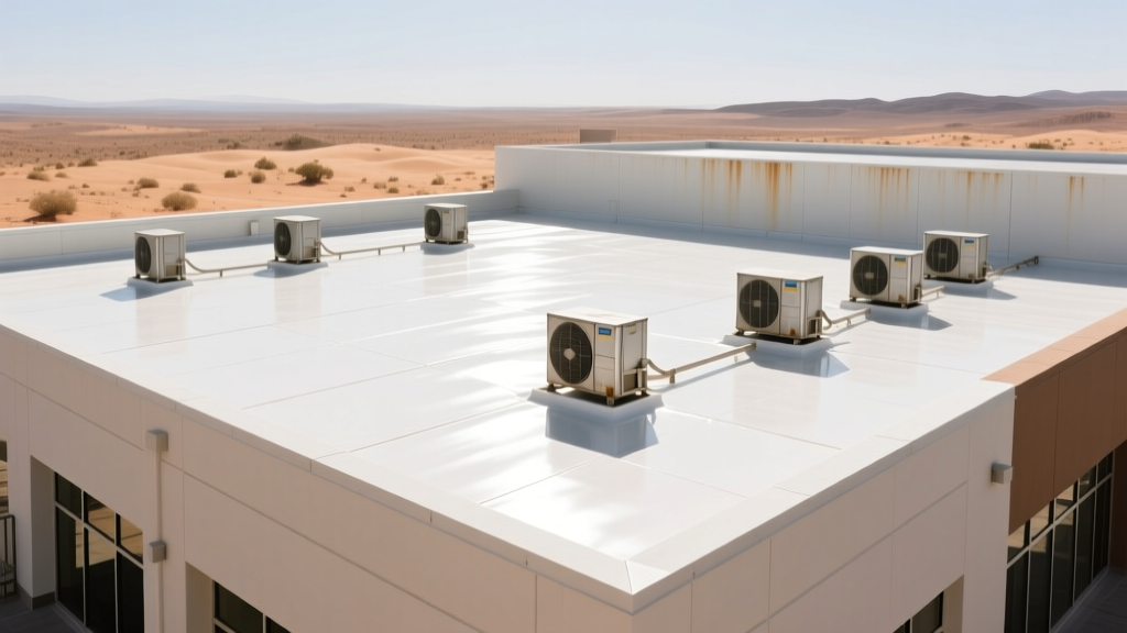 Commercial building rooftop featuring white TPO membrane roofing reflecting bright sunlight, with HVAC units and parapet walls in a desert climate