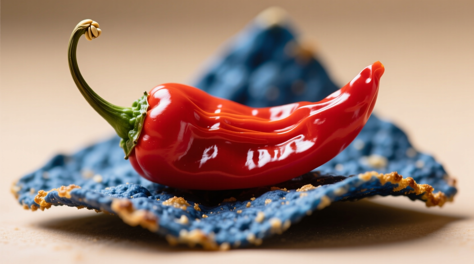 Close-up of Carolina Reaper pepper on blue corn chip