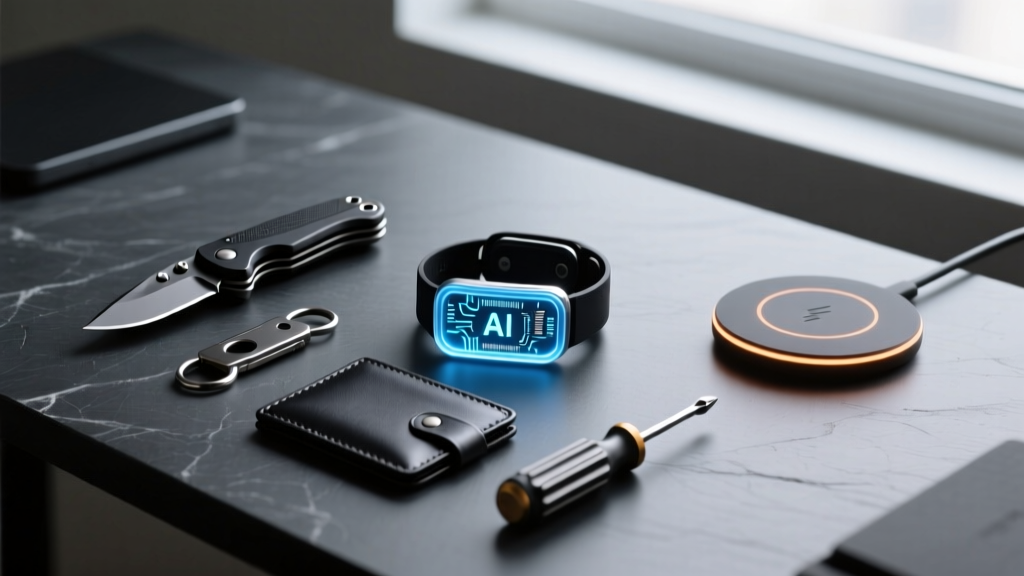 Matte black titanium everyday carry tools laid out on a dark slate desk next to a glowing AI wearable pendant and wireless charger