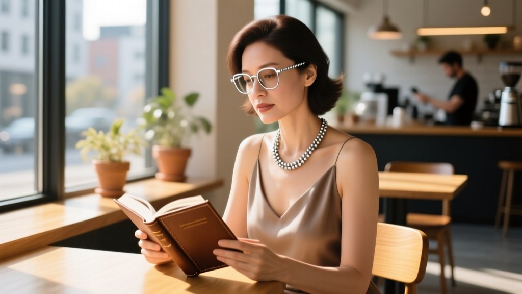 Woman wearing a stainless steel beaded glasses necklace strap while reading in a sunlit cafe, showcasing the elegant chain drape.