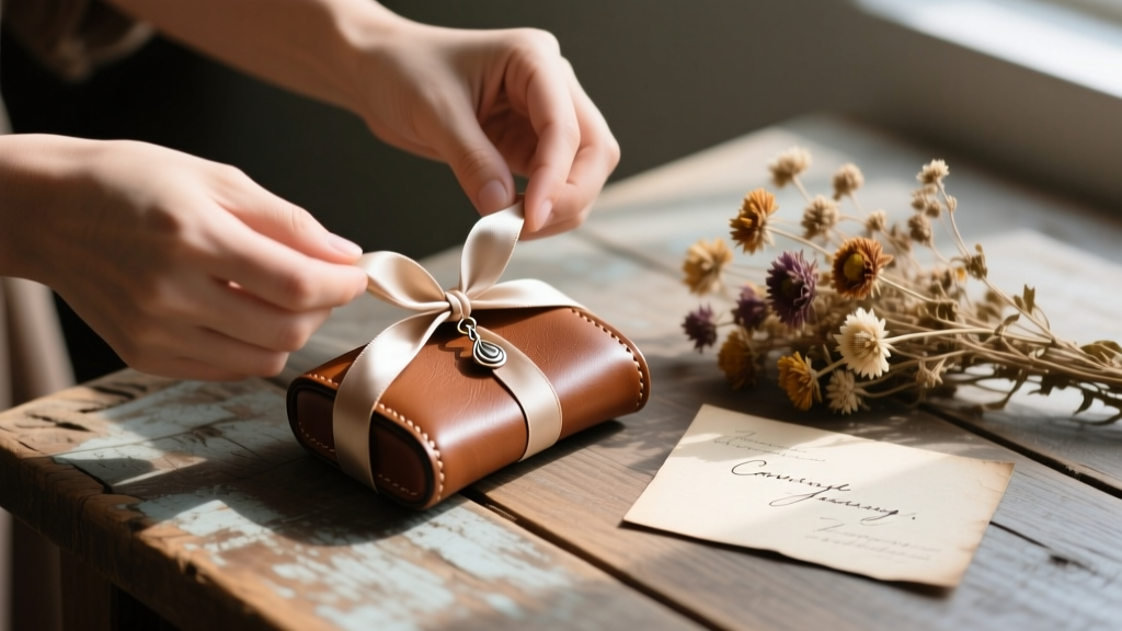 Hands tying silk ribbon around a leather earring case beside dried flowers and a handwritten greeting card on a rustic wood desk.