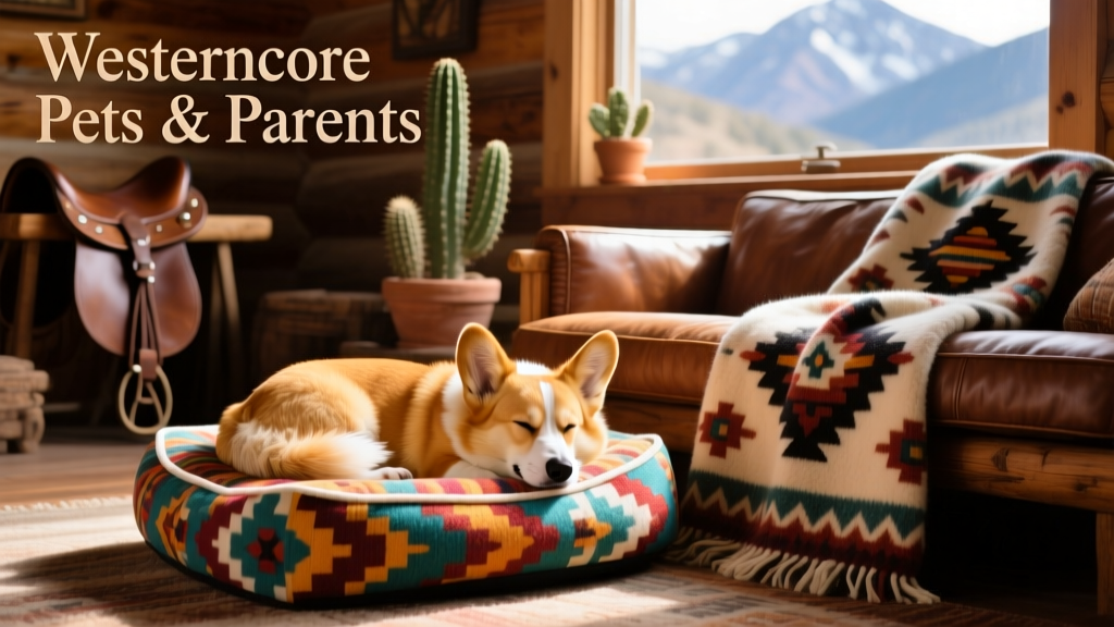 A sleeping dog curled up on a vibrant Southwestern-patterned dog bed beside a matching wool blanket draped over a sofa