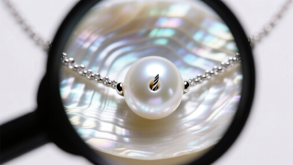 Jewelers loupe examining the drill hole of a white pearl on a necklace revealing thick nacre layers under bright studio lighting.