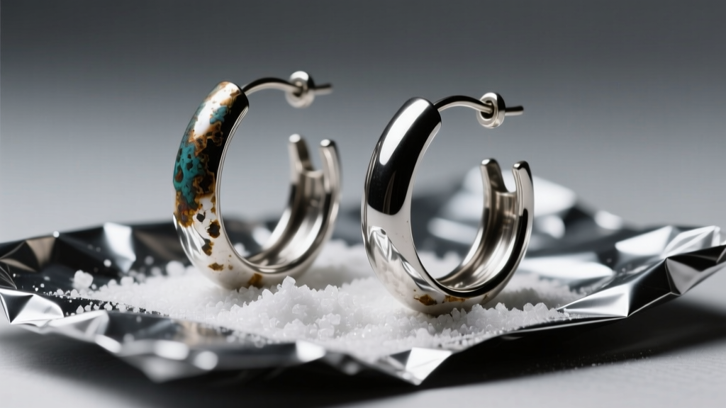 Tarnished sterling silver hoop earrings on aluminum foil and baking soda, illuminated by moody, directional studio lighting.