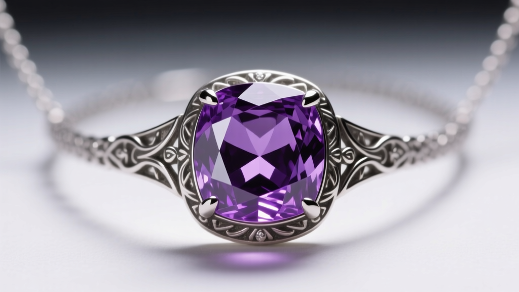 Macro shot of a 40-carat faceted amethyst purple statement necklace in an oxidized sterling silver bezel under studio lighting