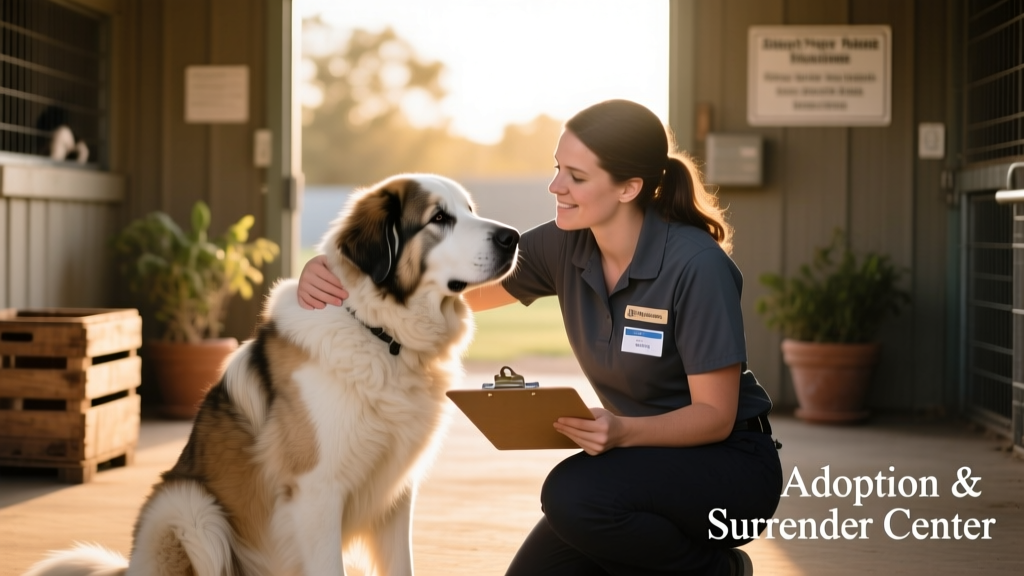 A shelter intake team member gently speaking with a Great Pyrenees during an initial assessment