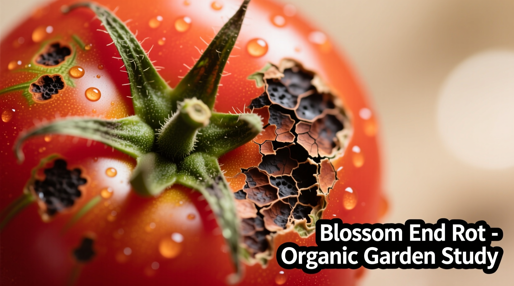 Close-up of tomato with dark blossom end rot spots