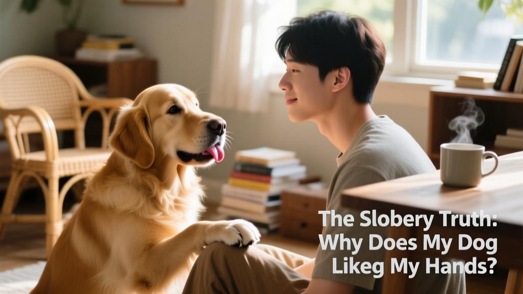 A person calmly turning away while a dog pauses mid-lick, illustrating a gentle, non-punitive boundary-setting moment.