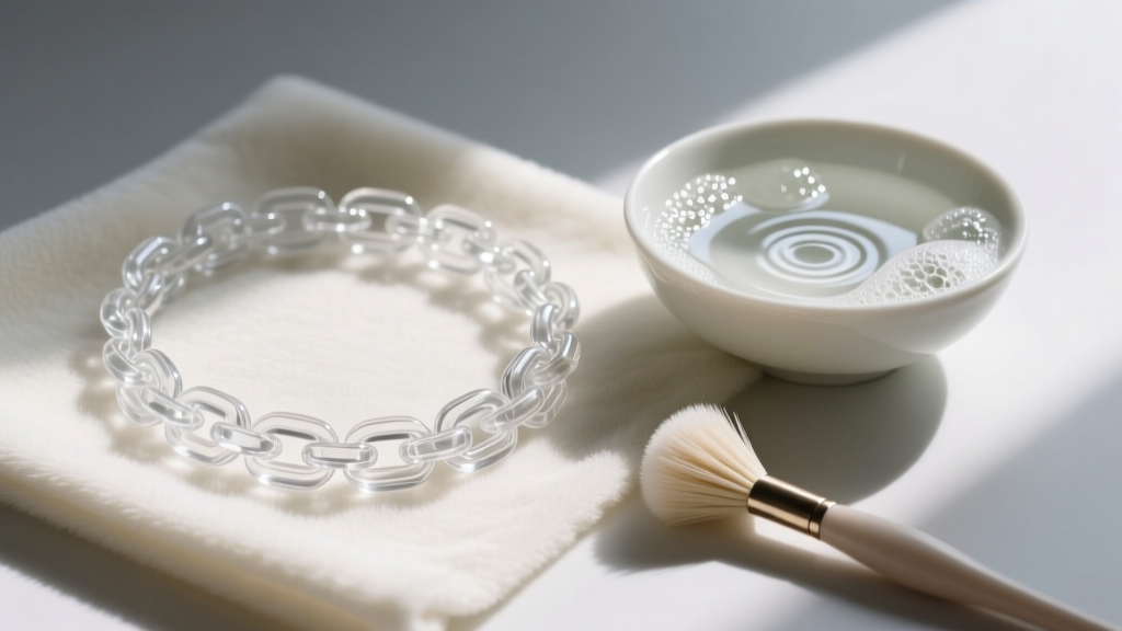Flat lay of a clear lucite chain necklace on a microfiber cloth beside a bowl of soapy water and a soft jewelry cleaning brush.