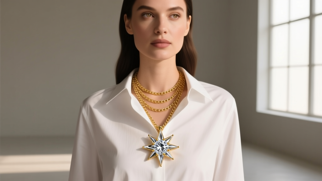 A woman wearing a layered 18-inch 14k gold chain with a 2-carat lab-grown diamond starburst pendant over a crisp white button-down shirt