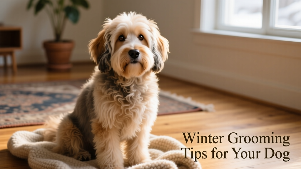 Close-up of a dog with a thick, well-brushed winter coat sitting comfortably indoors