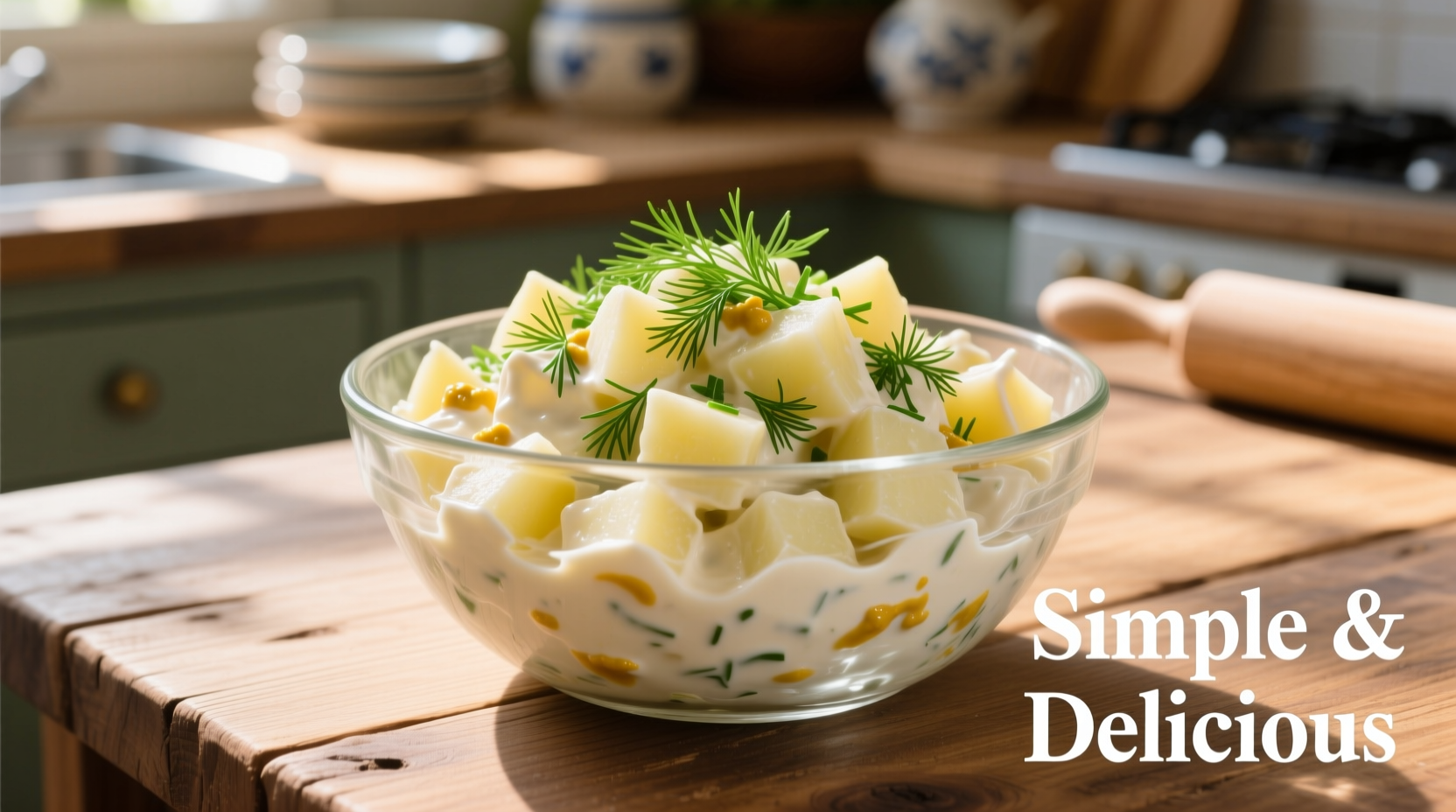 Creamy basic potato salad in glass bowl with fresh dill garnish