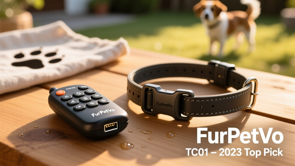 Close-up of the FurPetVo TC01 remote showing the keypad lock feature and micro USB port, next to the slim, waterproof collar