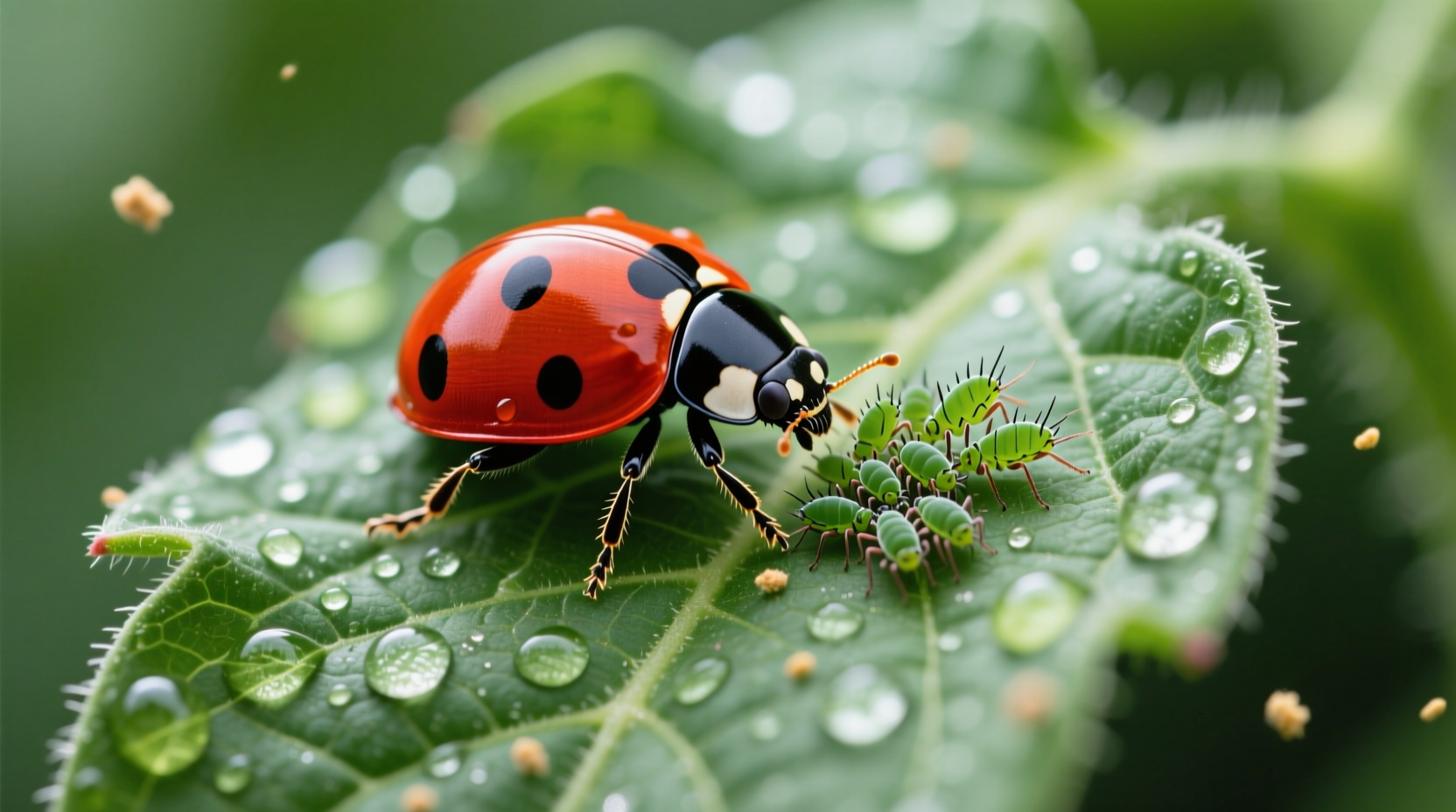 Close-up of ladybug on tomato leaf controlling aphids